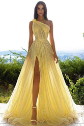 Elegante vestido de fiesta amarillo de un solo hombro con lentejuelas y abertura en forma de A